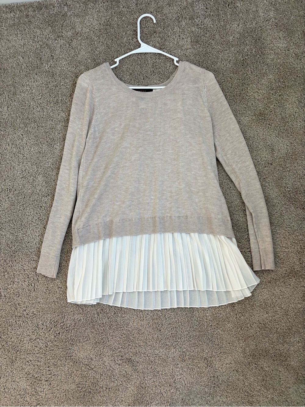 Fever Taupe Crewneck Sweater with Cream Pleated Hem